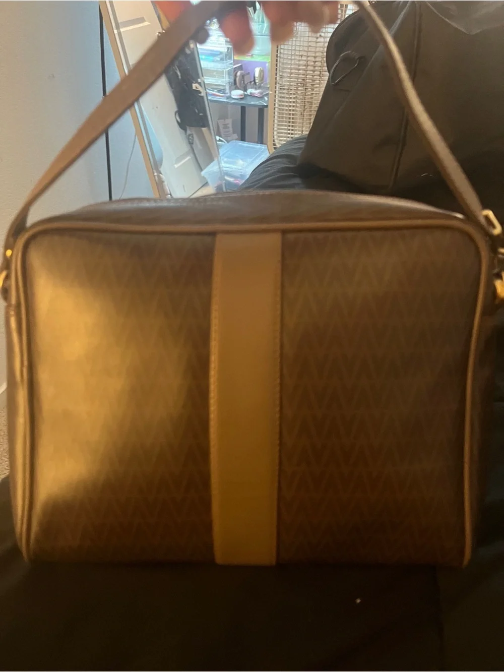 Valentino Brown Patterned Messenger Bag with Tan Stripe
